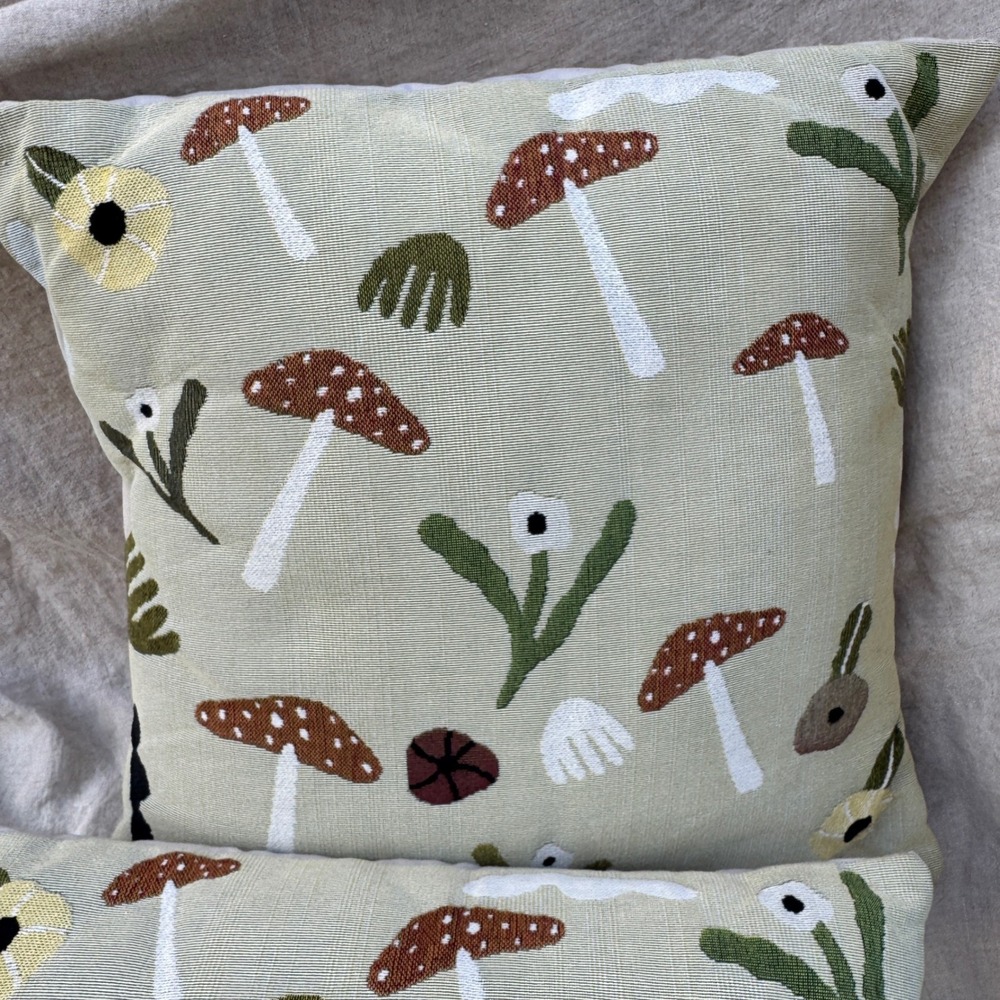 Yarrow Goods Mushroom Throw Pillow 2pc Set 16x16 Green cotton Woven Cottage